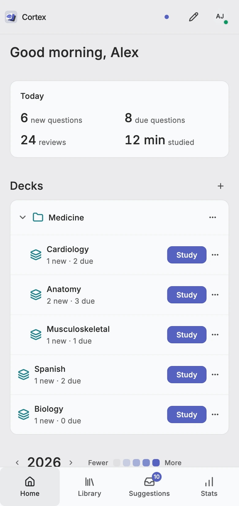 Cortex Home on iPhone, showing today’s study totals and decks.